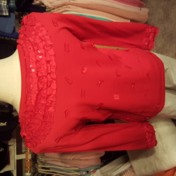 ANN TRINITY ♡ Gorgeous Red Ribbon Sequin Embellished Bling Button Front Blouse M - Picture 12 of 16